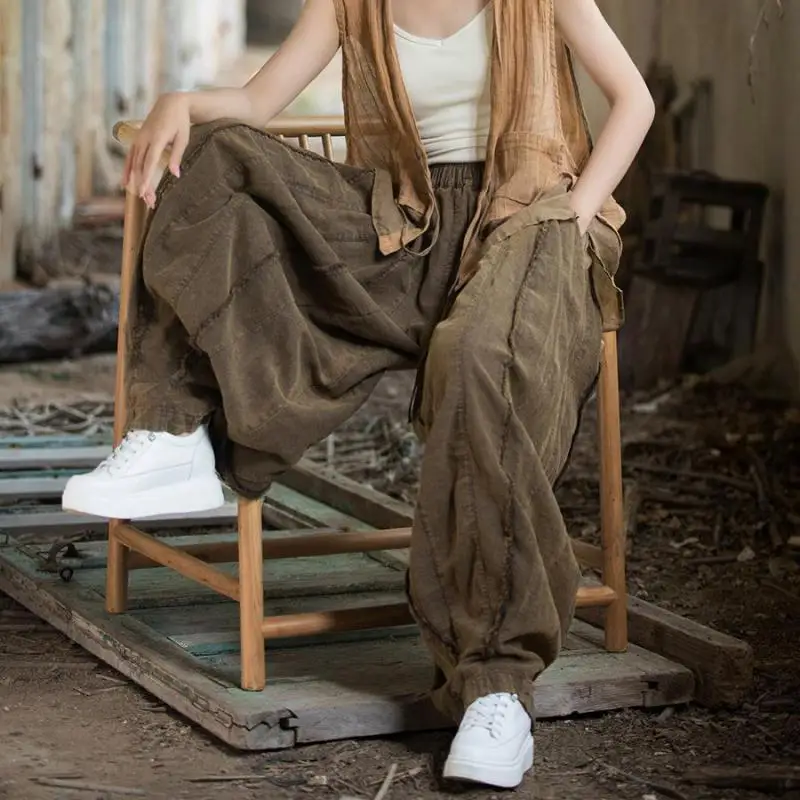 New 2025 Spring Summer Arts Style Women Elastic Waist Cotton Linen Wide Leg Pants Patchwork Loose Casual Length Pants 3119