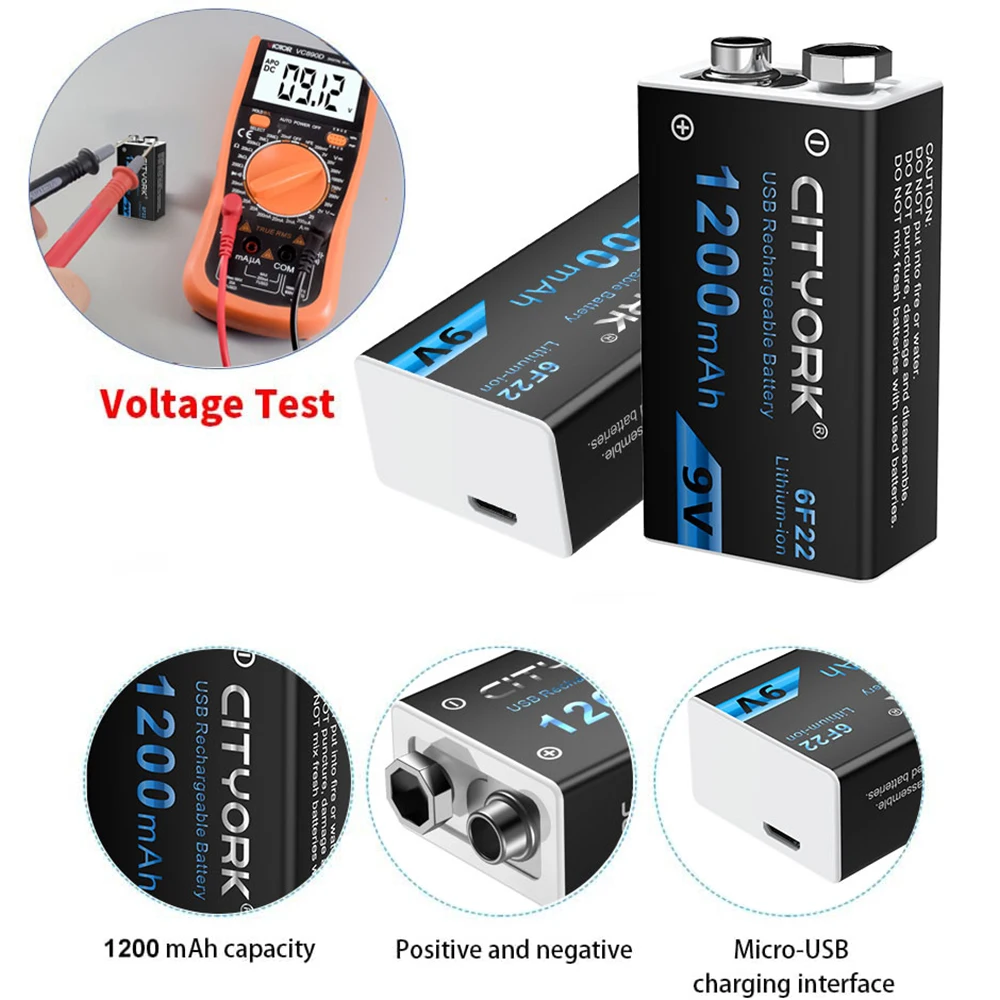 CITYORK 9V Crown Battery 6F22 9V 1200mAh USB Rechargeable Li-ion Batteries For Metal Detector Model Microphone Toy Multimeter