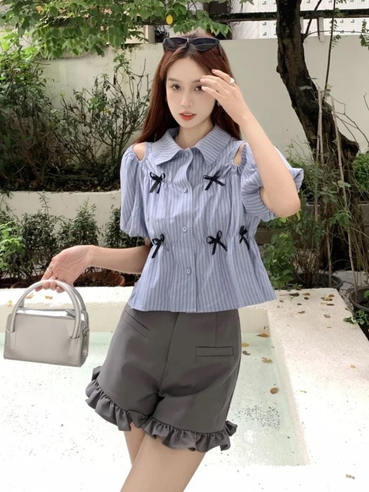 Multi-bow Kawaii Shirts Women Japan Style Summer Cute Blue Striped Ins Puff Sleeve Aesthetic Blusas Chic Y2k Schoolgirl Lovely