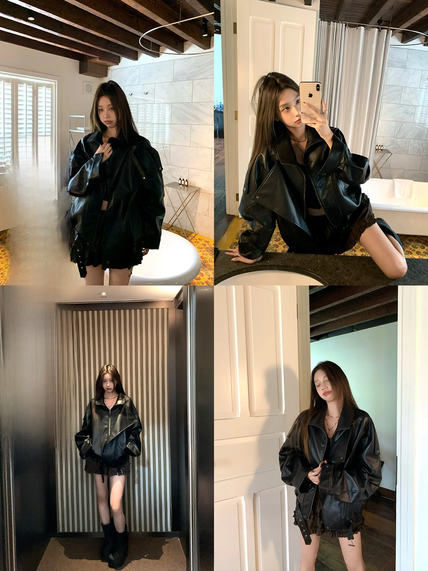 

Bla Leather Jaet Women's Motorcycle Sle PU Coat Fall New American High-End Feelings Commute Sle Zipper Long Sve Lo...