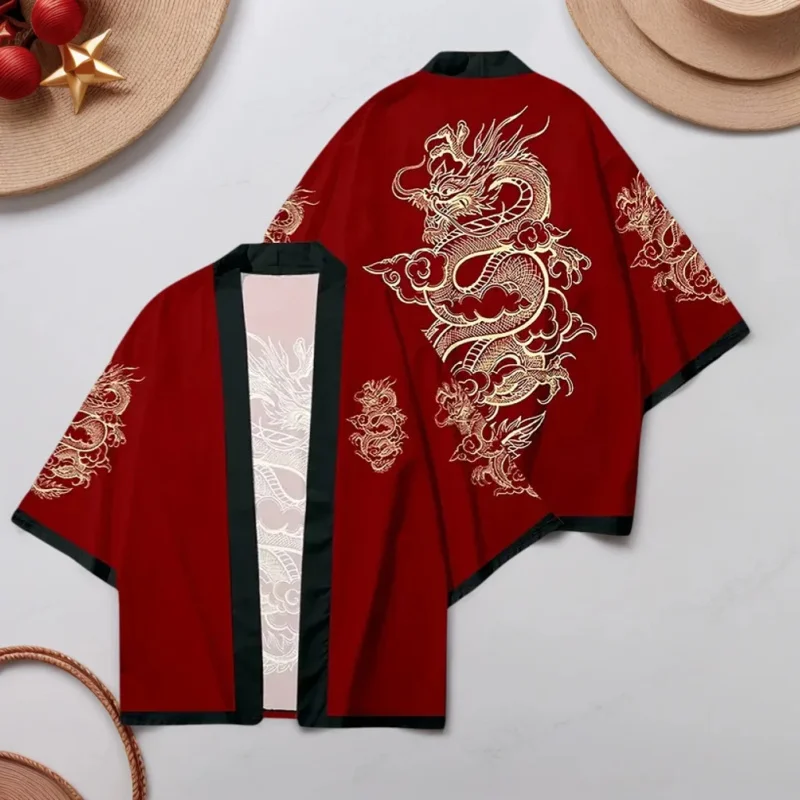 Japanese Kimono Dragon Graphic Print Cosplay Haori Yukata Top Adult Traditional Samurai Loose Kimono Cardigan for Men Women