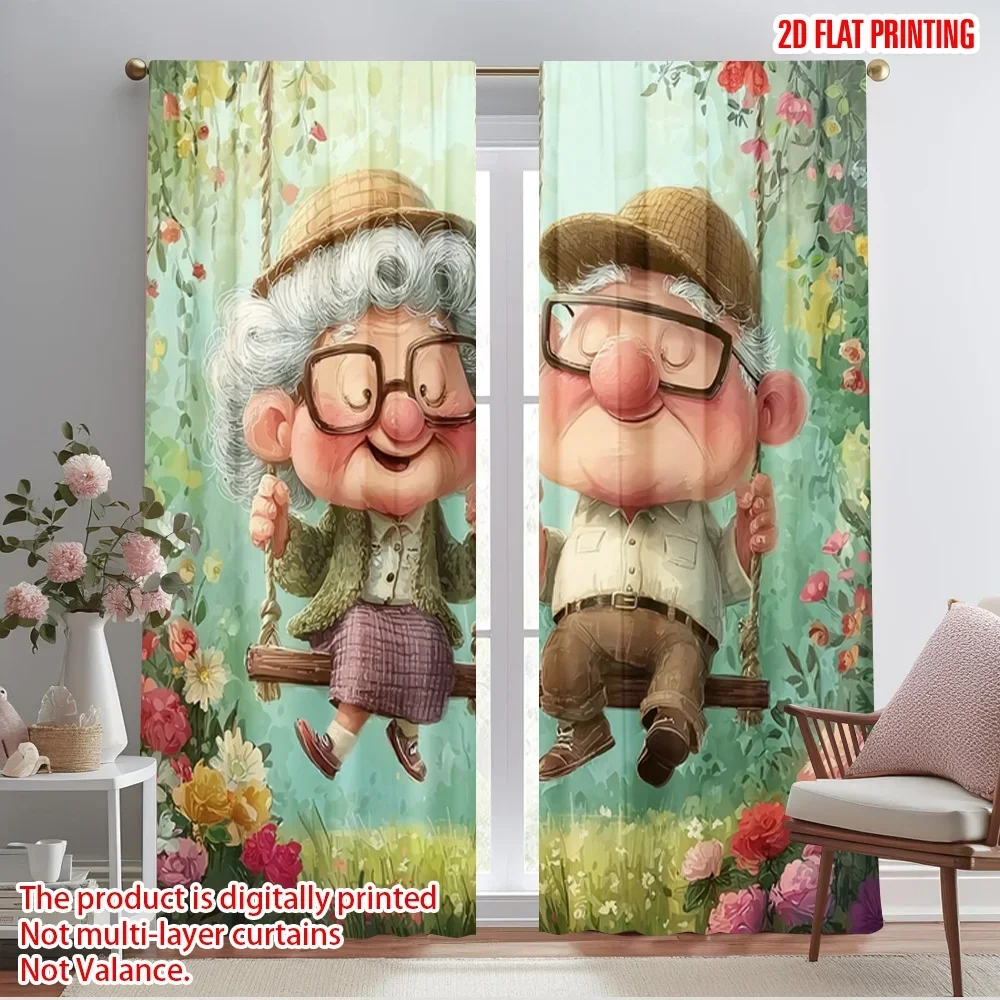 2pcs,2D plane printing Window Curtain Whimsical Grandparents Love Versatile Polyester (without rod) Gifts Use for Bedroom Living
