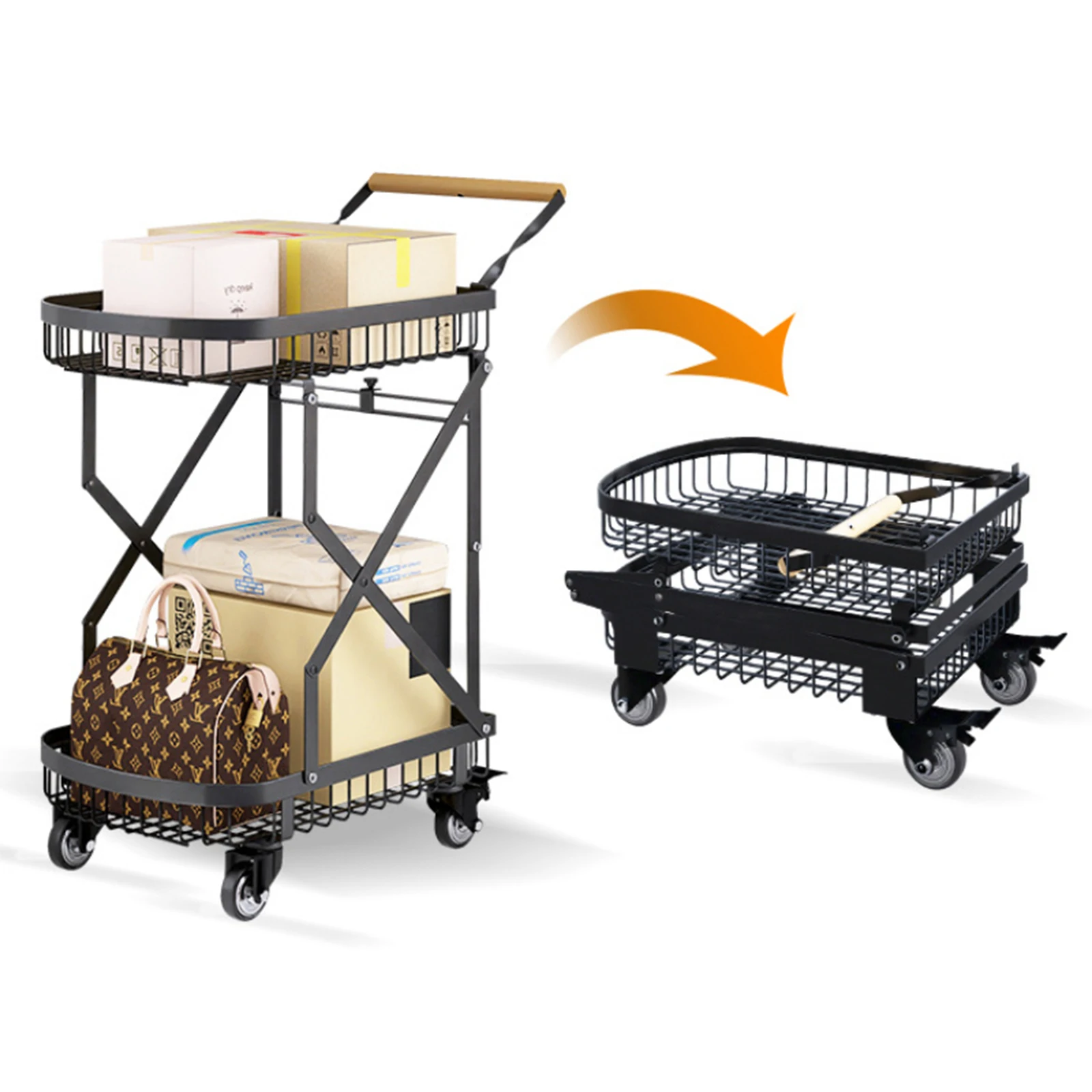 

Foldable Utility Cart - Heavy Duty 2-Tier Shopping Trolley with 360° Wheels for Groceries, Luggage, Camping & Deliveries