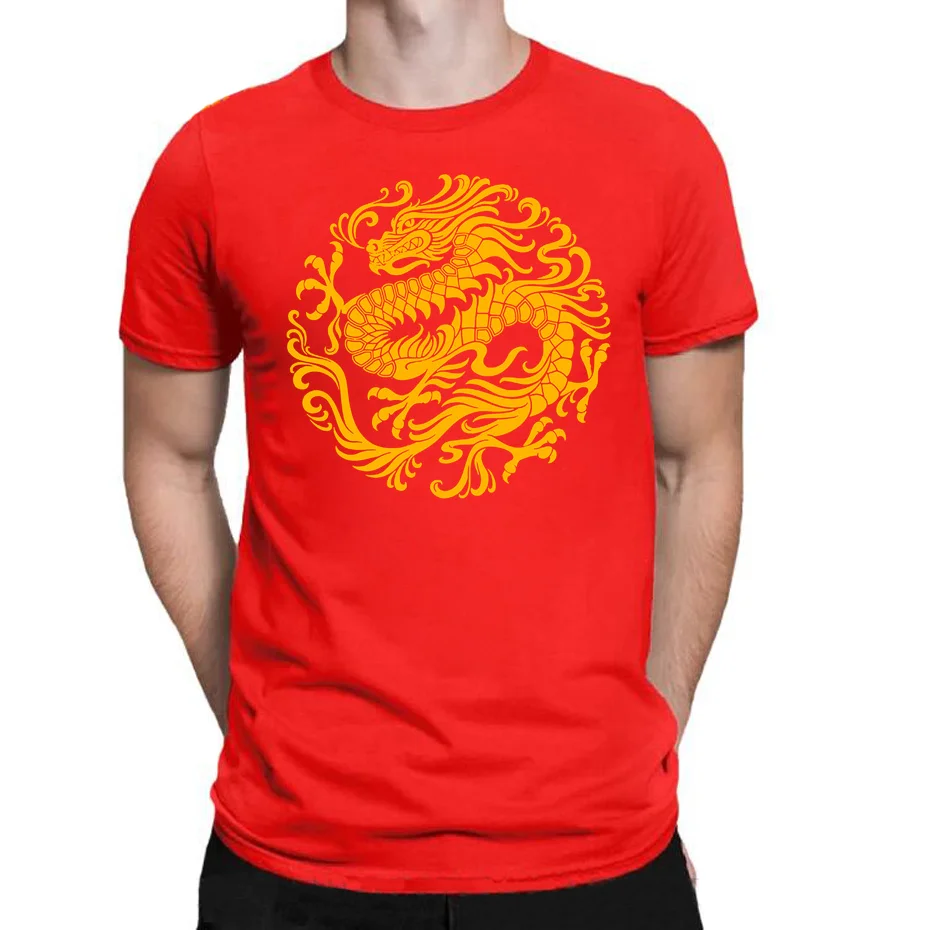 Fitted T-shirt Tops Traditional Red T Shirt Men Chinese Dragon Circle T-Shirt Clothes Red White Yellow Black Dragon Print Tshirt