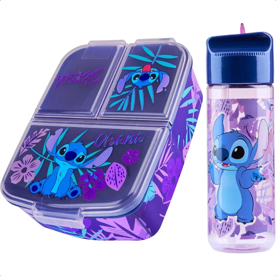 

Stitch Lunch Box with Compartments and Water Bottle for School Blue Purple