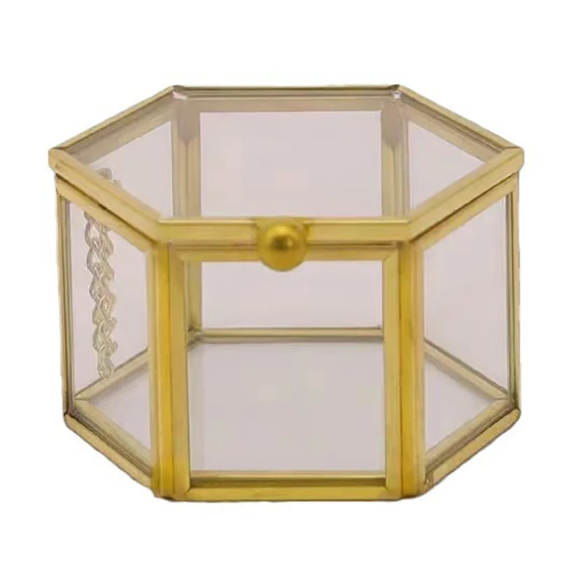 

New High-end Hexagonal Ring Box Gold And Jewelry Accessory Box Golden Glass Luxurious And Retro Jewelry Storage Box