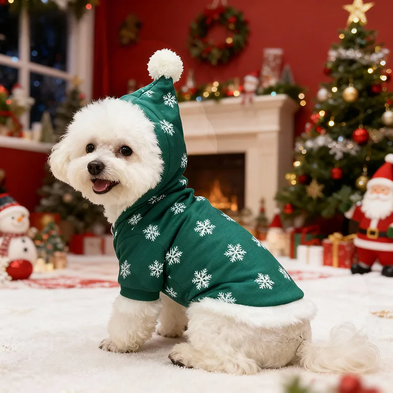 Winter Dog Christmas Jumpsuit Thickened Plush Pet Pajamas Classic Red Green Snowflake Overalls Small Medium Dogs Onesies view 3