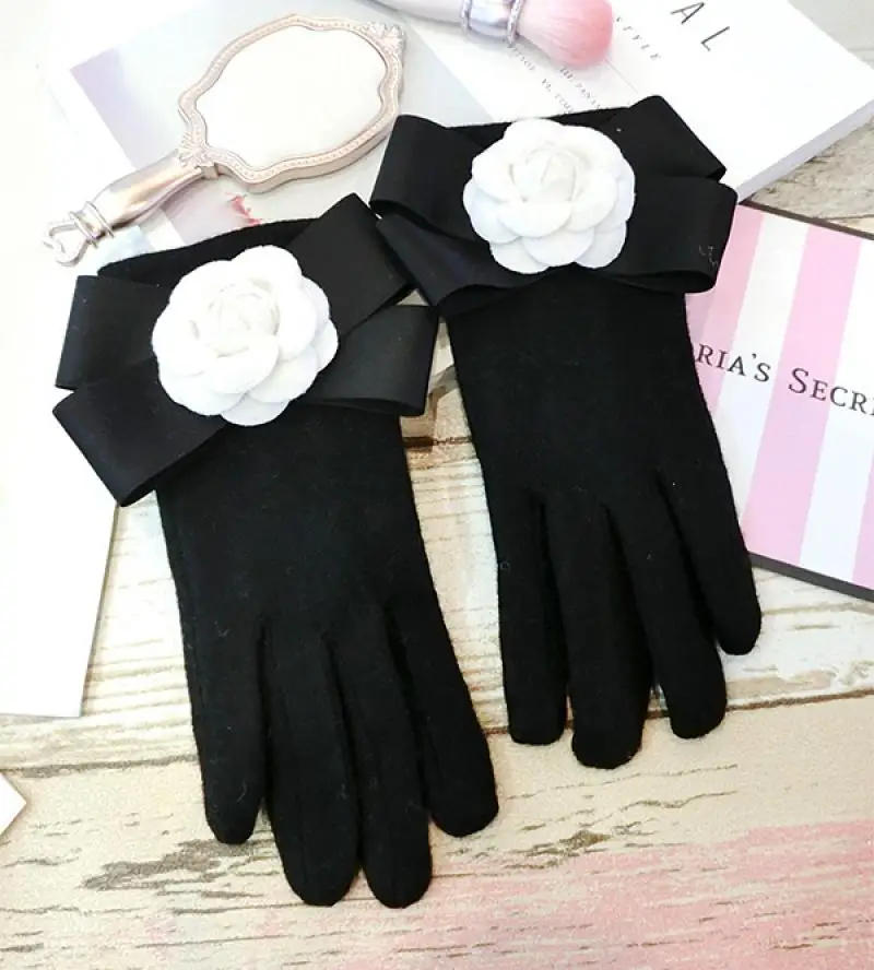 Cashmere Winter Gloves Bowknot Camellia Cashmere Women's Gloves Fashion Korean Style Warm Touch Screen Gloves A386