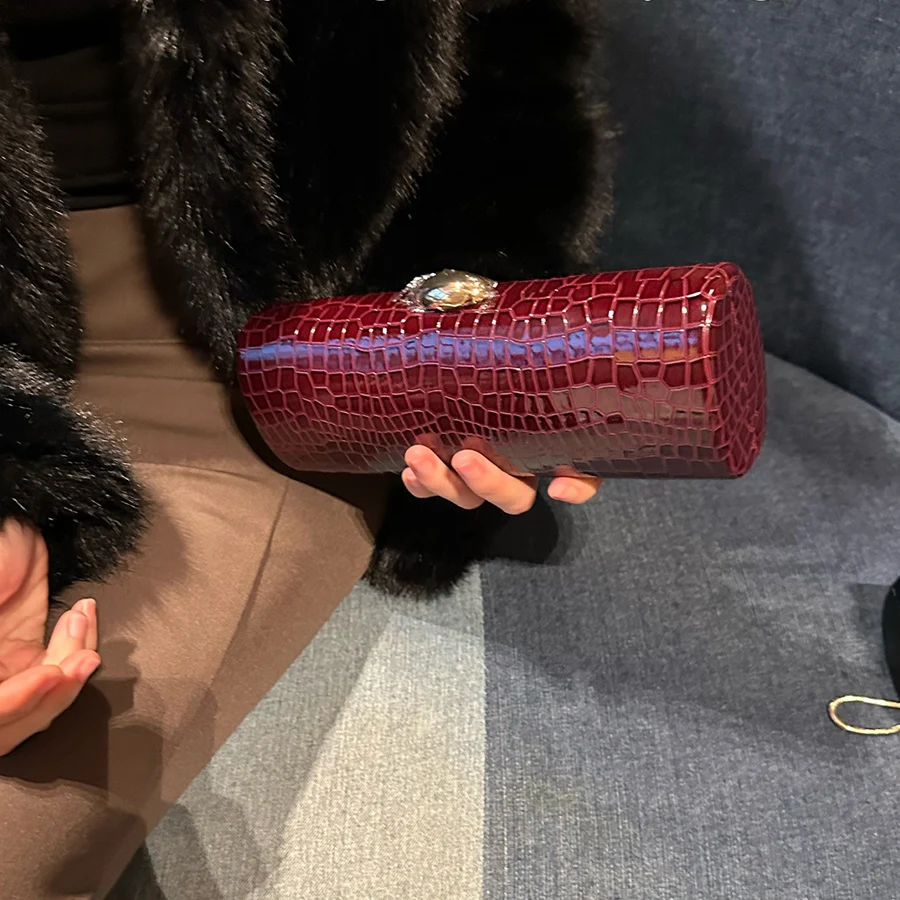 

Fashion Cylindrical Clutch Purse Women's Handbag Party Dinner Bag Long Style Crocodile Pattern Chains Shoulder Crossbody Bags