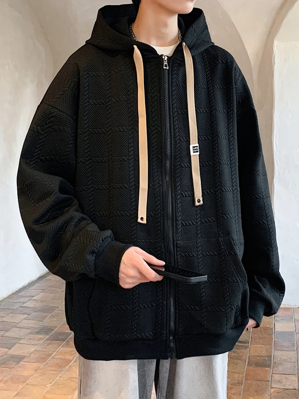 

Men's Hooded Cardigan Sweater Spring Autumn Trendy High-End Texture Embroidery American Retro Casual Wear Comfortable Zipper