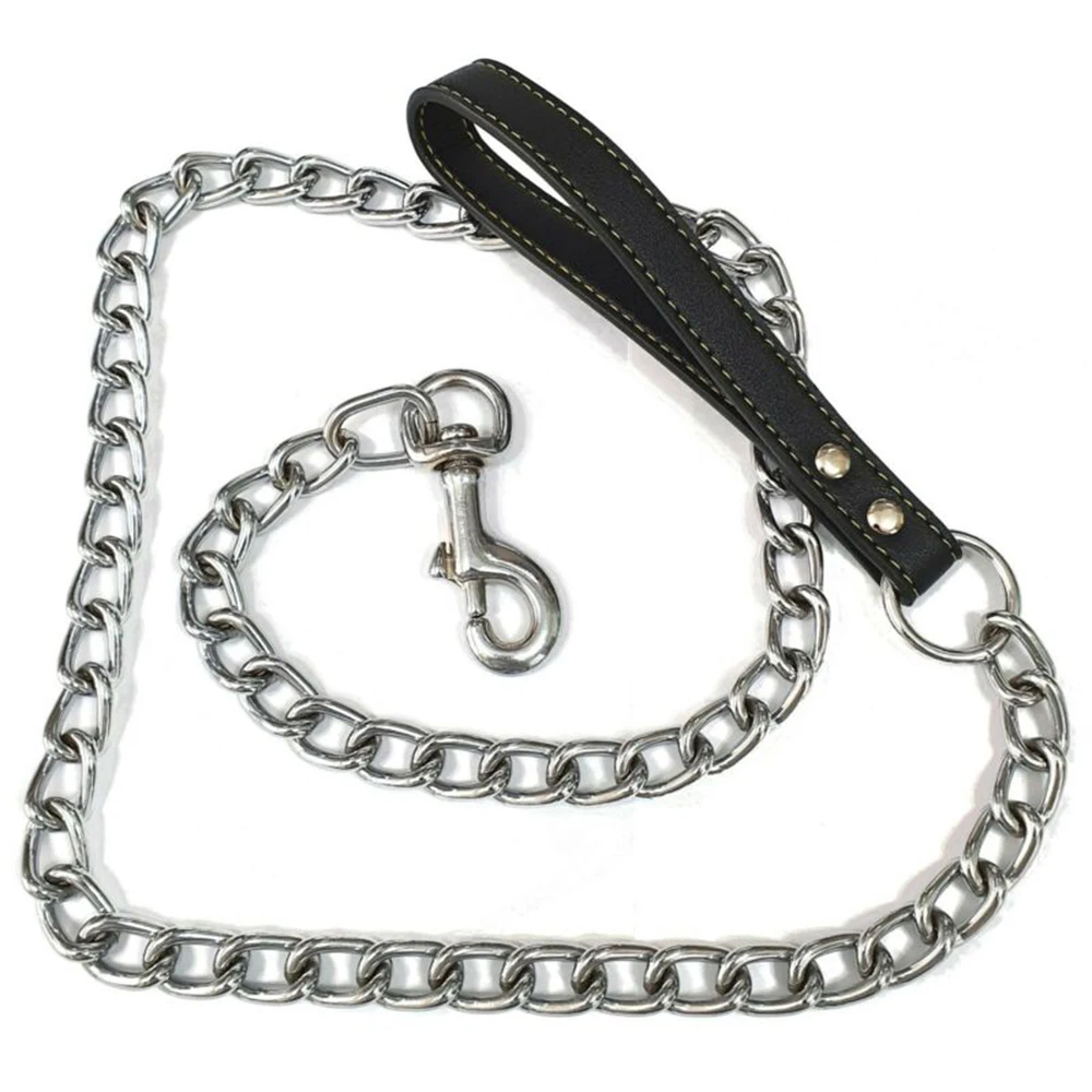 Metal Chain Dog Lead with Leather Style Handle Strong Control Leash Iron Dog Pets Supplies Collars Harnesses Chain Traction Rope gallery 2