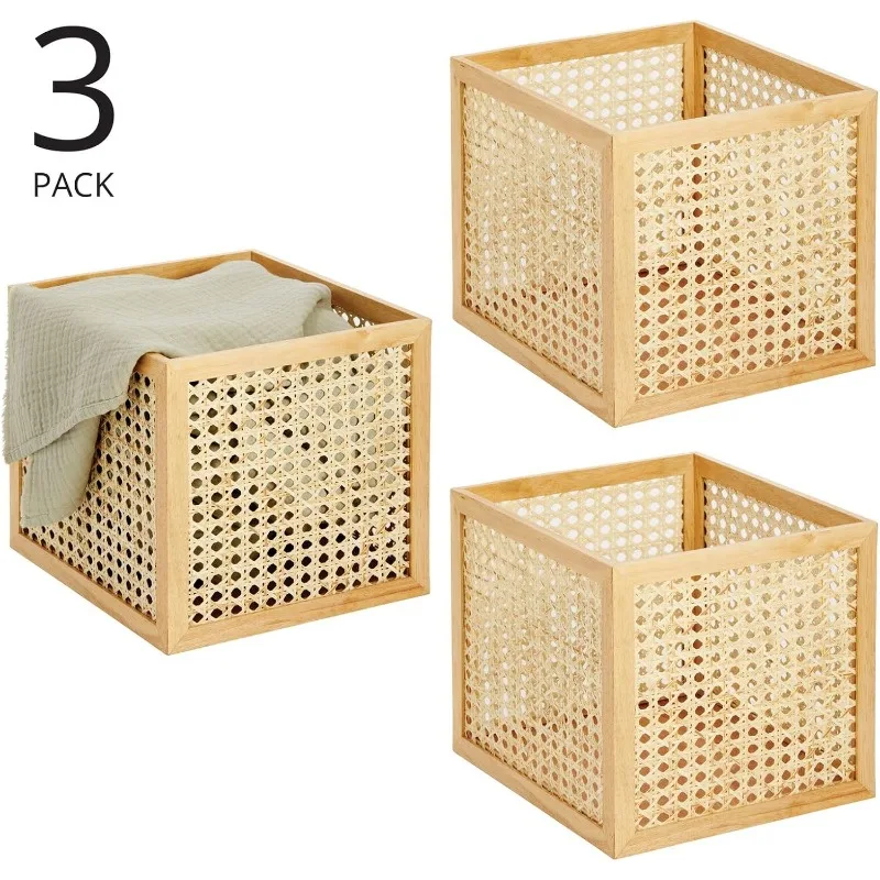 Wooden Square Bin, Natural Cane Organizer Storage Bin Box for Kitchen Storage, Pantry Shelves, Closet, Bedroom