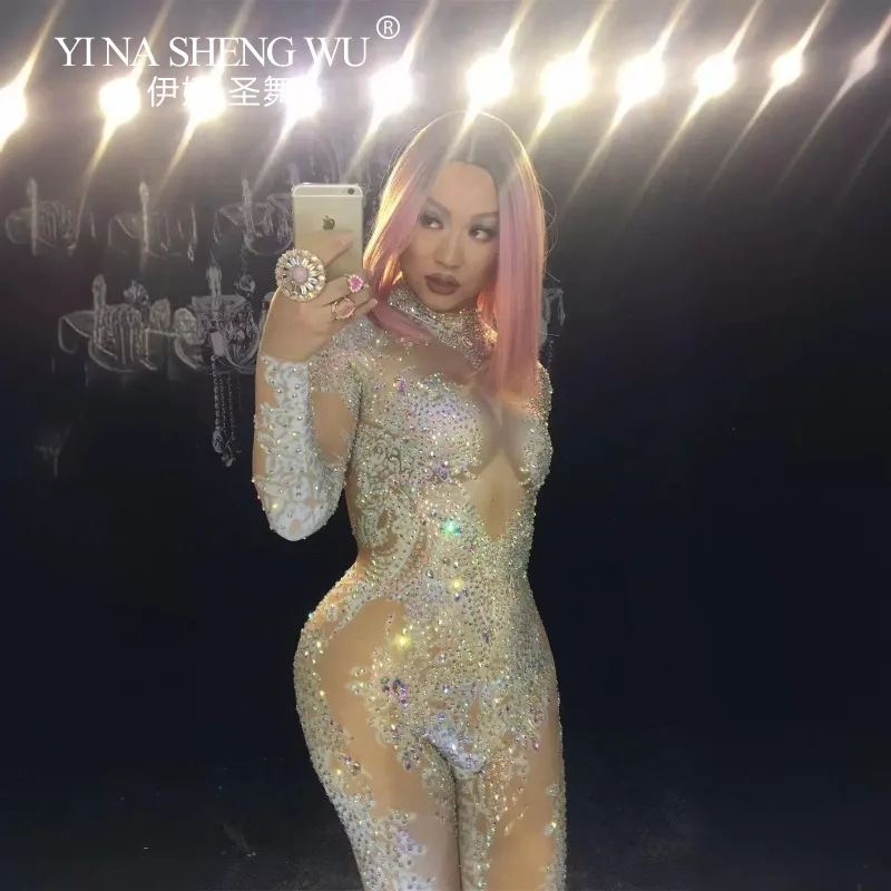 Flashing Rhinestones Sparkly Jumpsuit Jazz Dance Performance Costume Women Fashion Sexy One-piece Trousers Bodysuit Dance Wear