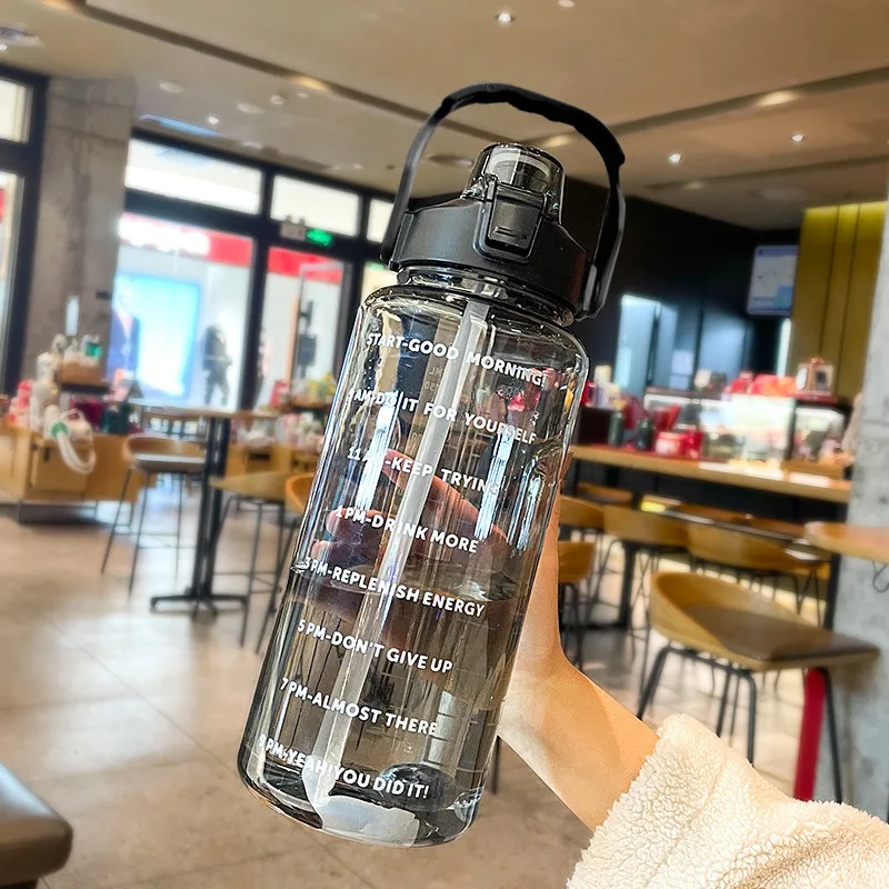 2L Portable Water Bottle Large Capacity Plastic Straw Water Cup Drink Bottle With Time Marker For Outdoor Sports Fitness