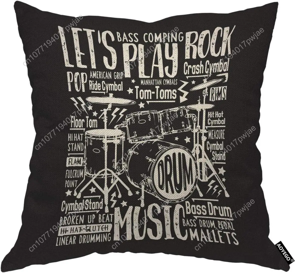 

AOYEGO Music Rock Drums Throw Pillow Cover Let's Play Rock Pop Silhouette Graphic Studio Monochrome Pillow Case 18x18 Inch Decor