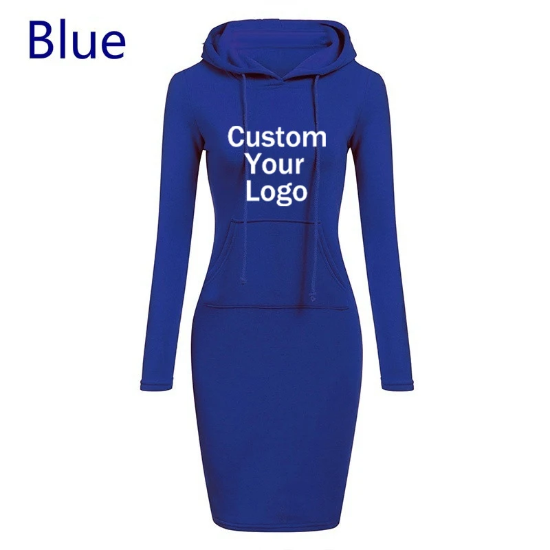 Customize Elegant Women Bodycon Dresses DIY Logo Pullovers A-Line Office Pocket Hooded Casual Mini Fashion Slim Dress