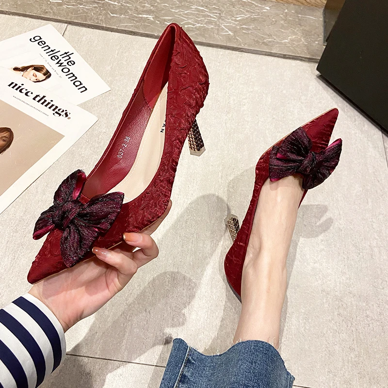 Green Silk Bowtie High Heels Pumps for Women Sexy Pointed Toe Metal Stiletto Heels Wedding Party Shoes Woman 2024 Spring Bombas