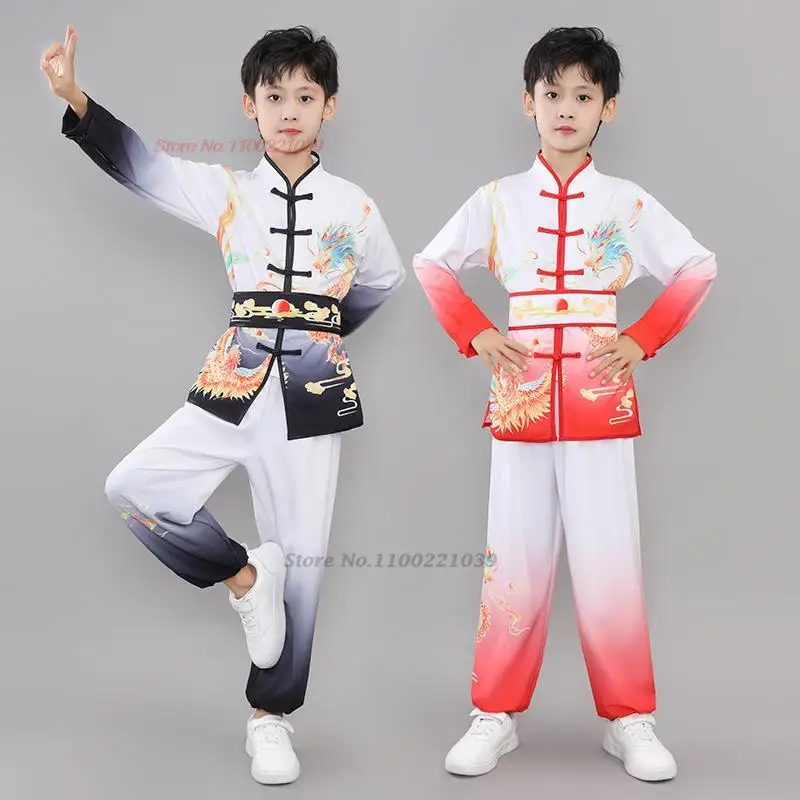 

2024 traditional chinese children kung fu costume dragon print wushu shaolin uniform suit kung fu suit retro wing-chun clothing