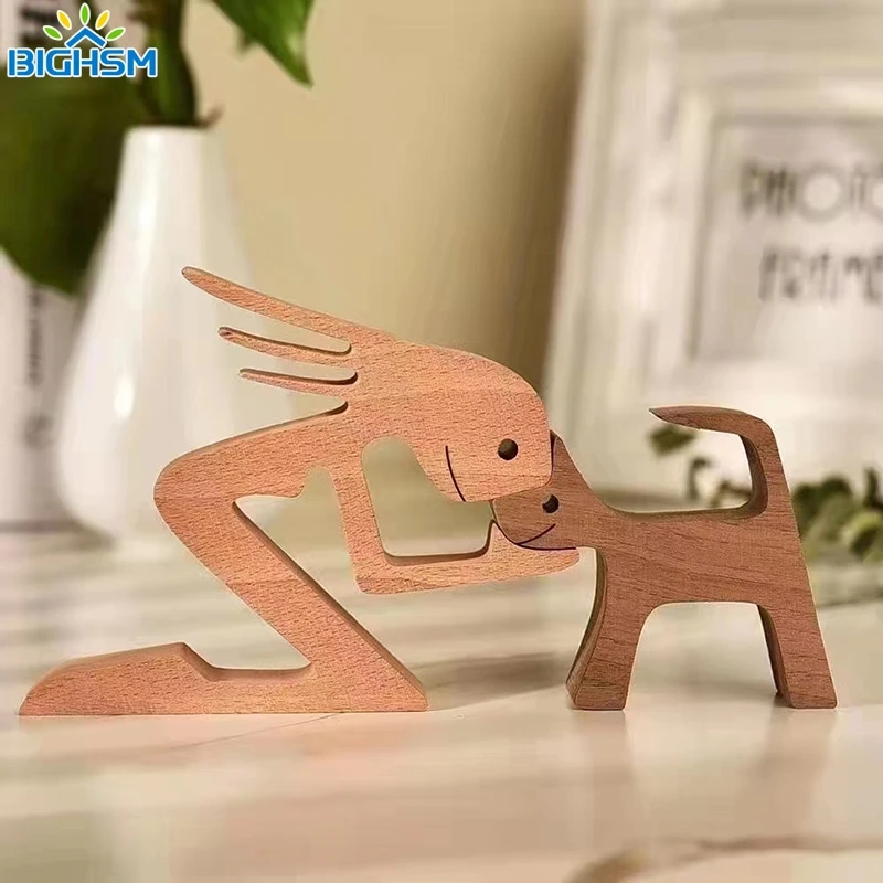 Family Puppy Wood Dog Craft Figurine Valentine's Day Gift Carving Model Home Office Decoration Christmas Gift Couple Decoration