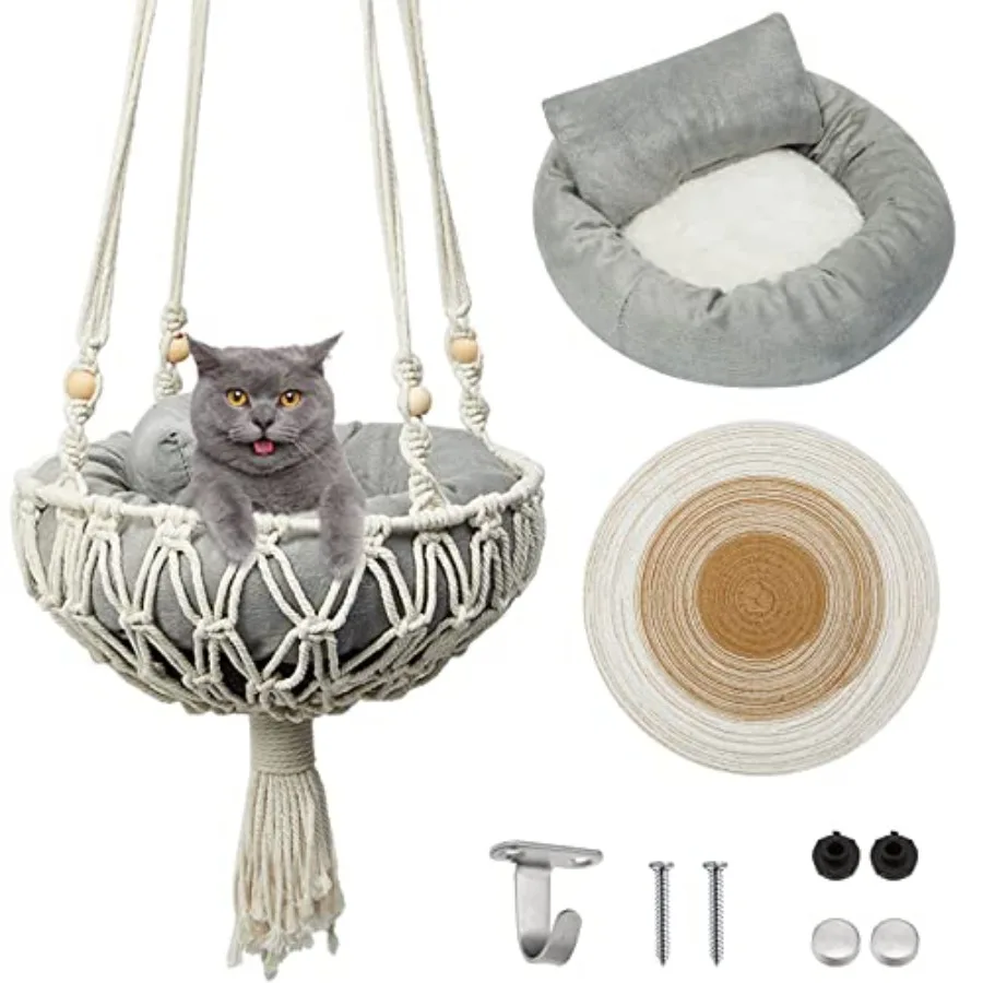 3 Pcs Macrame Cat Hammock, Including Hanging Kitten Bed Scratcher Scratch Pad Swing Bed for Small Cat Small Dog 40 x 12 Inch, C