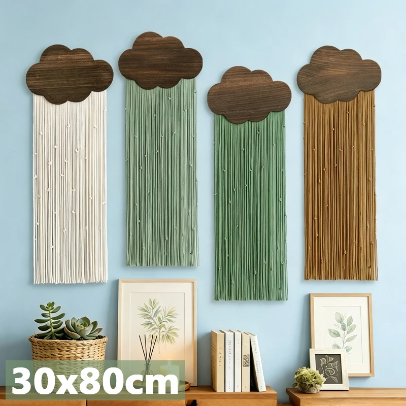 

Handwoven Cloud Macrame Wall Hanging Boho Cotton Rope Tapestry with Natural Wood for Kids Room Bedroom Nursery Hotel Home Decor