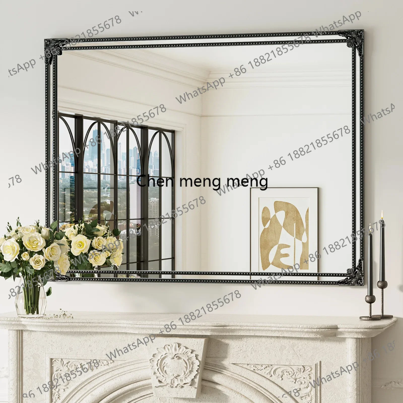 French Carved Square Vintage Makeup Home Entrance Fireplace Decoration Bathroom Mirror