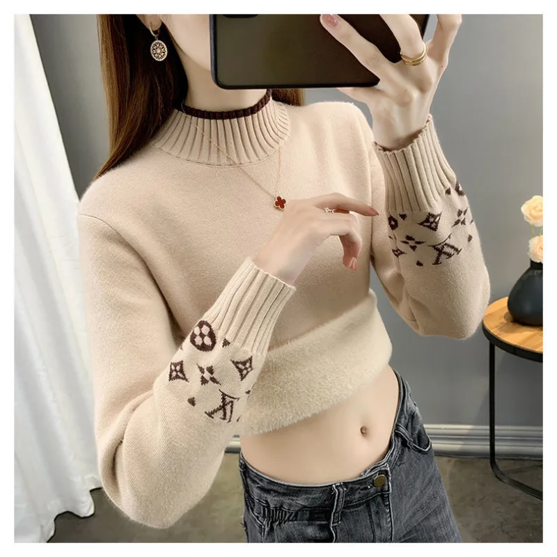 2023 New High Quality Integrated Velvet Half Turtleneck Sweater Women Plus Velvet Thick Knit Bottom Coat In Winter Warm Top