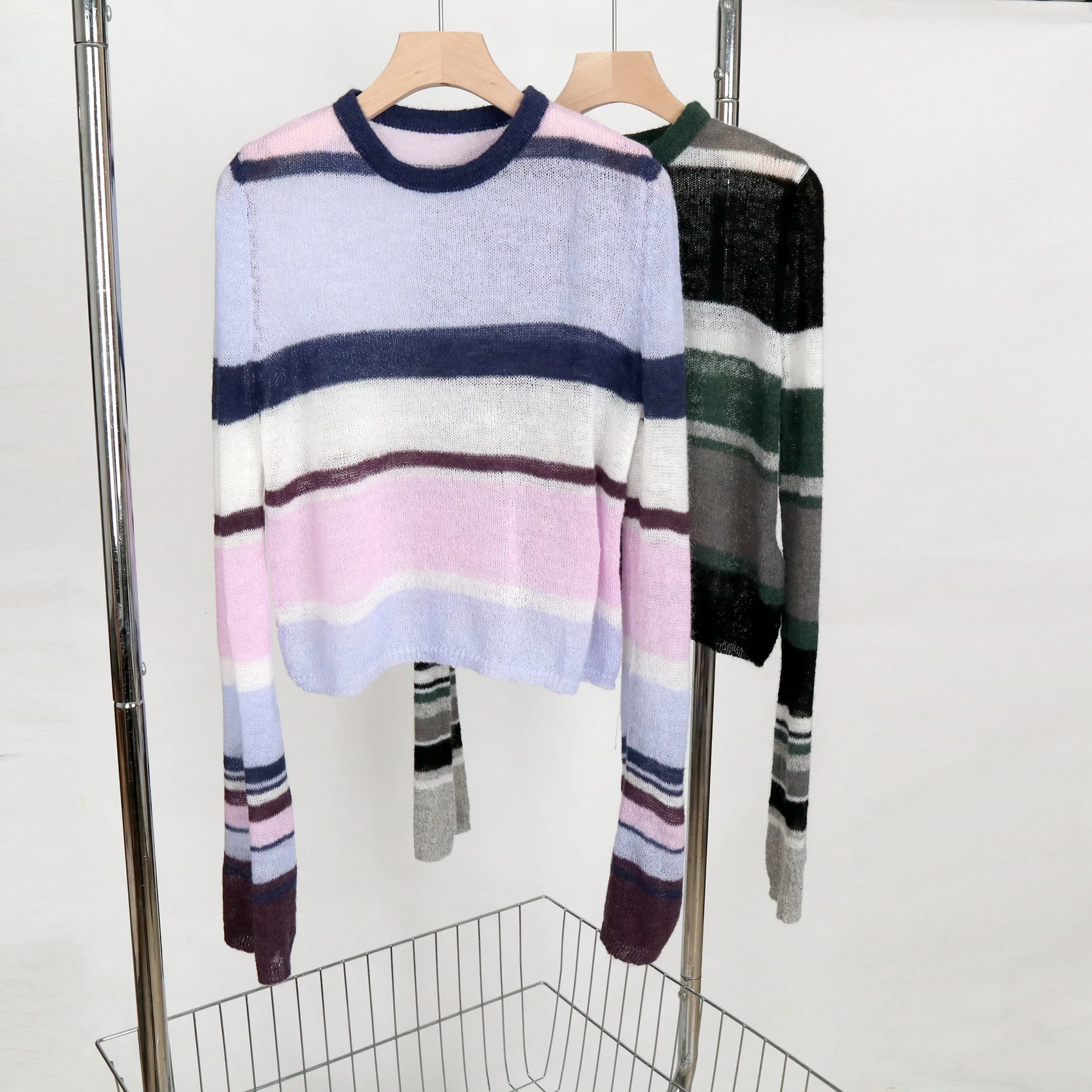 Striped Knit Sweater for Women's Autumn Loose lightweight and transparent Design Ladies Knitwear Top for 2024 New