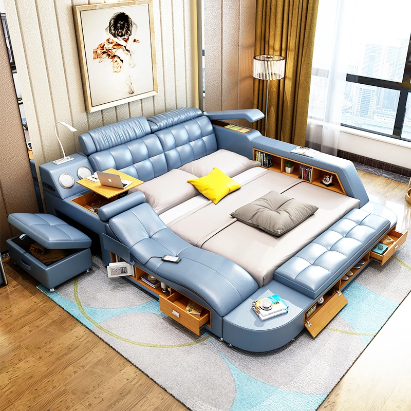 

European Queen Bed with Storage Massage and Music Upholstered Deluxe Master Bed Set Furniture