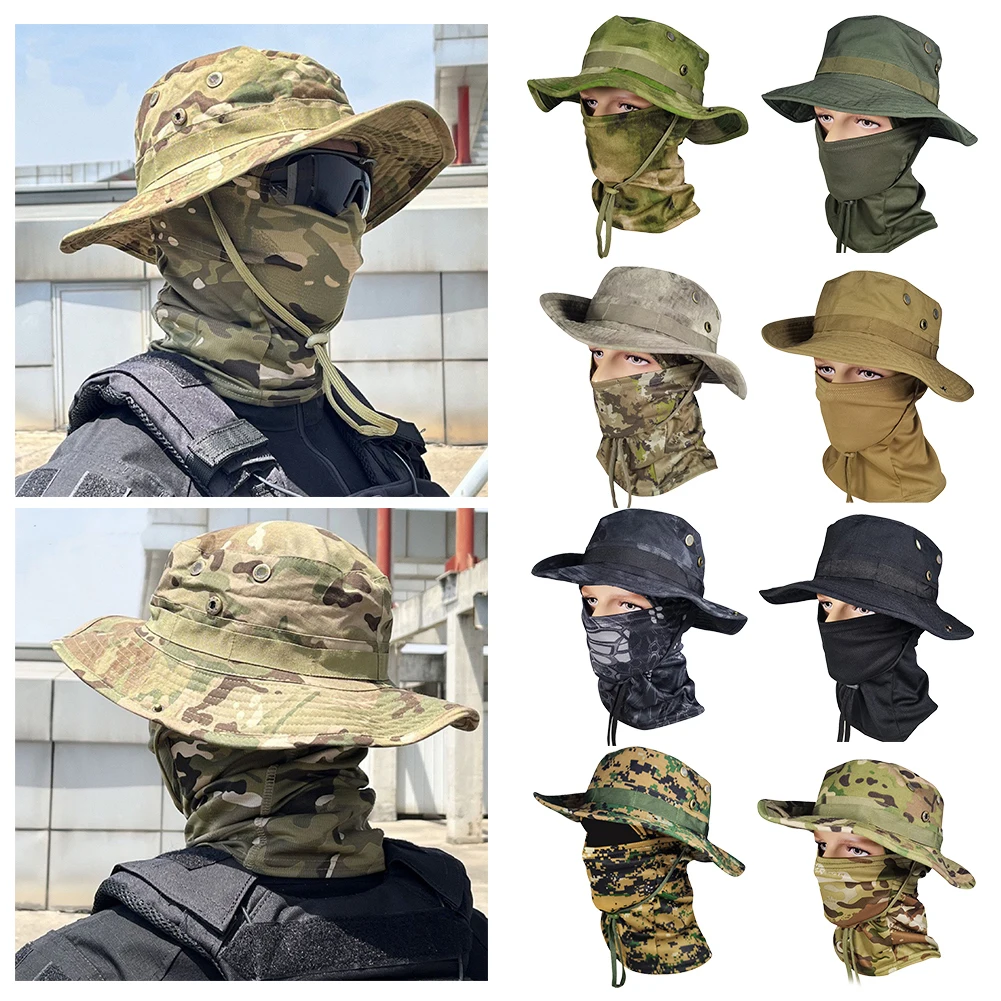 Women Men Hiking Fishing Boonie Hat Outdoor Sport Sun UV Protection Neck Face Camouflage Adjustable Bucket Caps and Mask