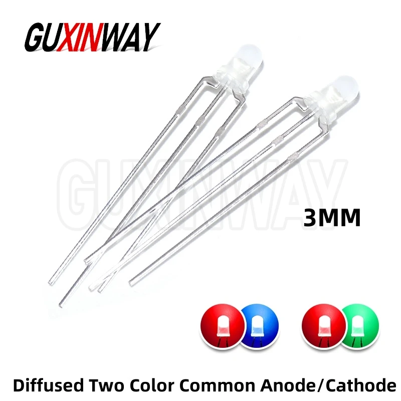 50pcs F3 3mm Diffused Two Color Common Anode/Cathode Round LED Red Blue Green Bi-Color Diode Light Emitting