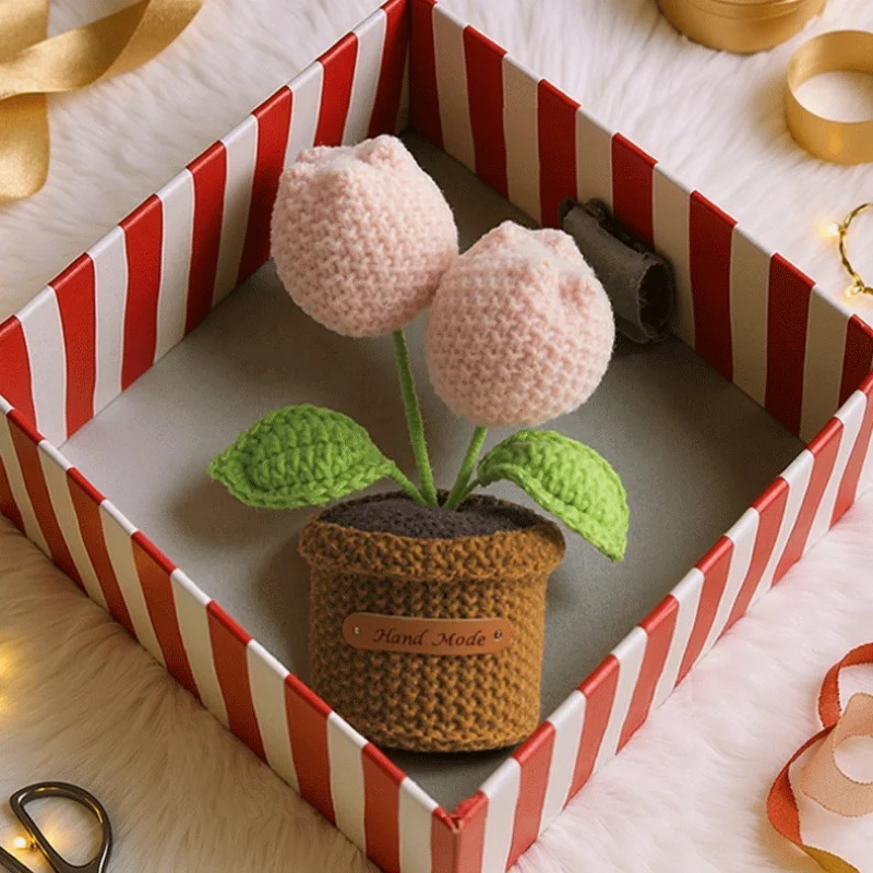 Mini-fertige gehäkelte Tulpen im Topf, gefüllte Pflanzen, Heim- und Auto-Innendekoration, Valentinstag, Weihnachten, Abschlussfeier, Muttertagsgeschenk