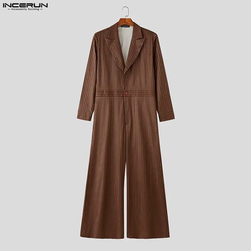 

INCERUN мужские полосатые комбинезоны с лацканами и длинными рукавами, свободные повседневные мужские комбинезоны, уличная одежда, 2025 г., элегантные модные мужские комбинезоны, S-5XL