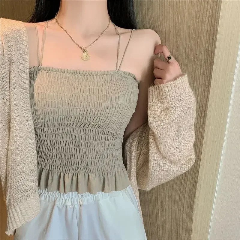 Canotta da donna pieghe design puro tutto-fiammifero vacanza estate casual stile preppy Harajuku coreano dolce donna colture sottile femminile