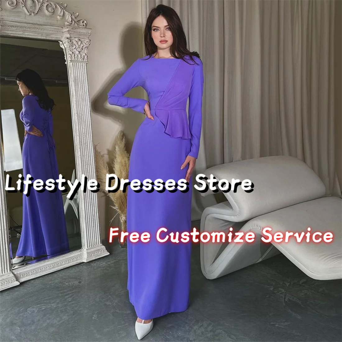 

Long Sleeves 2 Colors Ruched Prom Dress Straight Formal Evening Dresses For Wedding 2024 Elegant Simple Birthday Party Gown