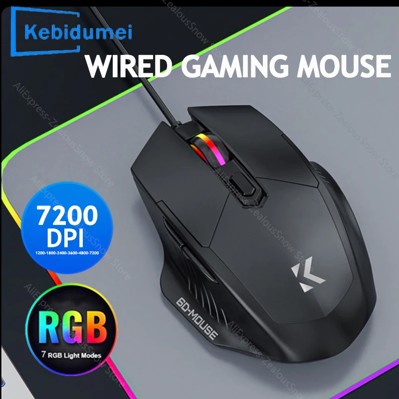 KEBIDUMEI Wired Gaming Mouse 7200/2400DPI Adjustable Mouse RGB Light USB Silent Mouse 6-Button Ergonomic Mice for Desktop Laptop