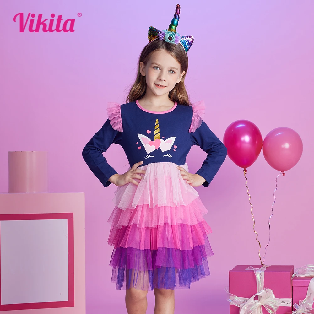 

VIKITA Girls Princess Dress Kids Mesh Tulle Tull Dress Girl Unicorn Print Cartoon Layered Dresses Girls Infantil Vestidos 3-12 Y