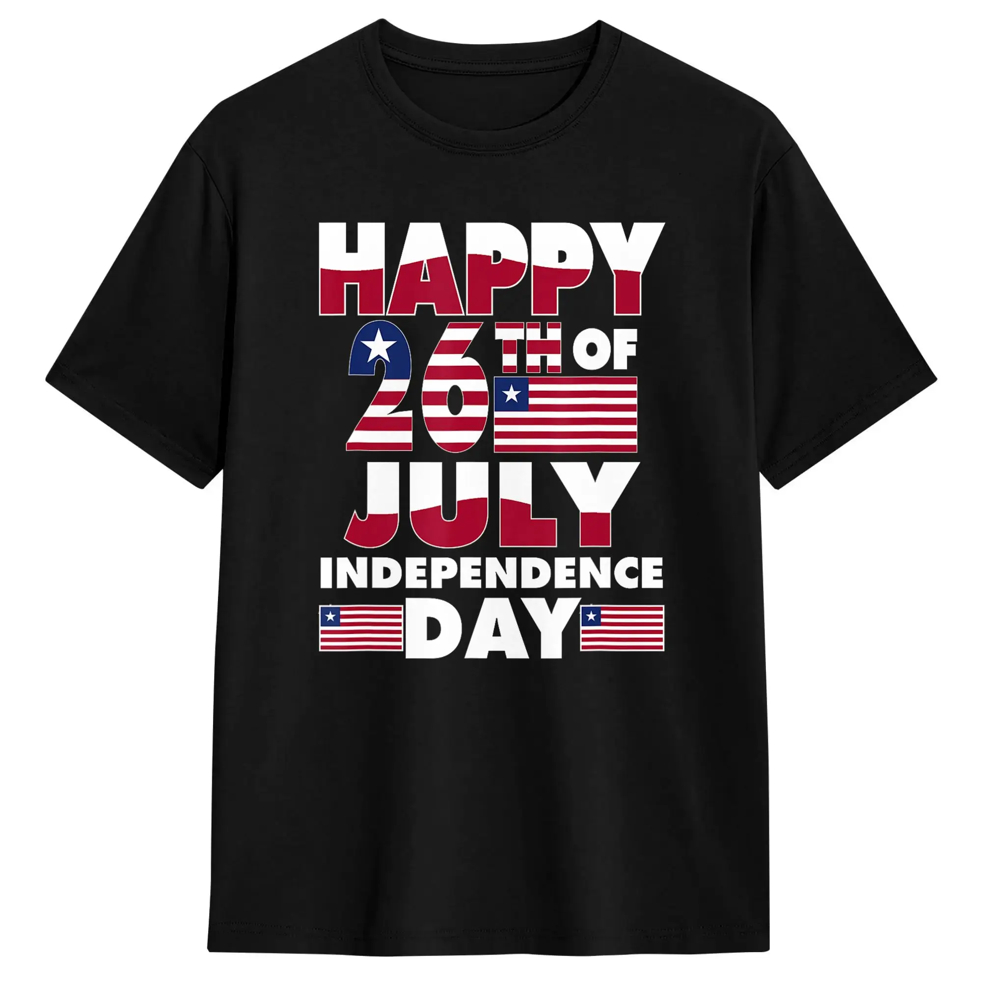 Happy National Independence Day Love Liberia Flag July 26 Men's T Shirts  Novelty Tees Short Sleeve Round Neck T-Shirt Cotton
