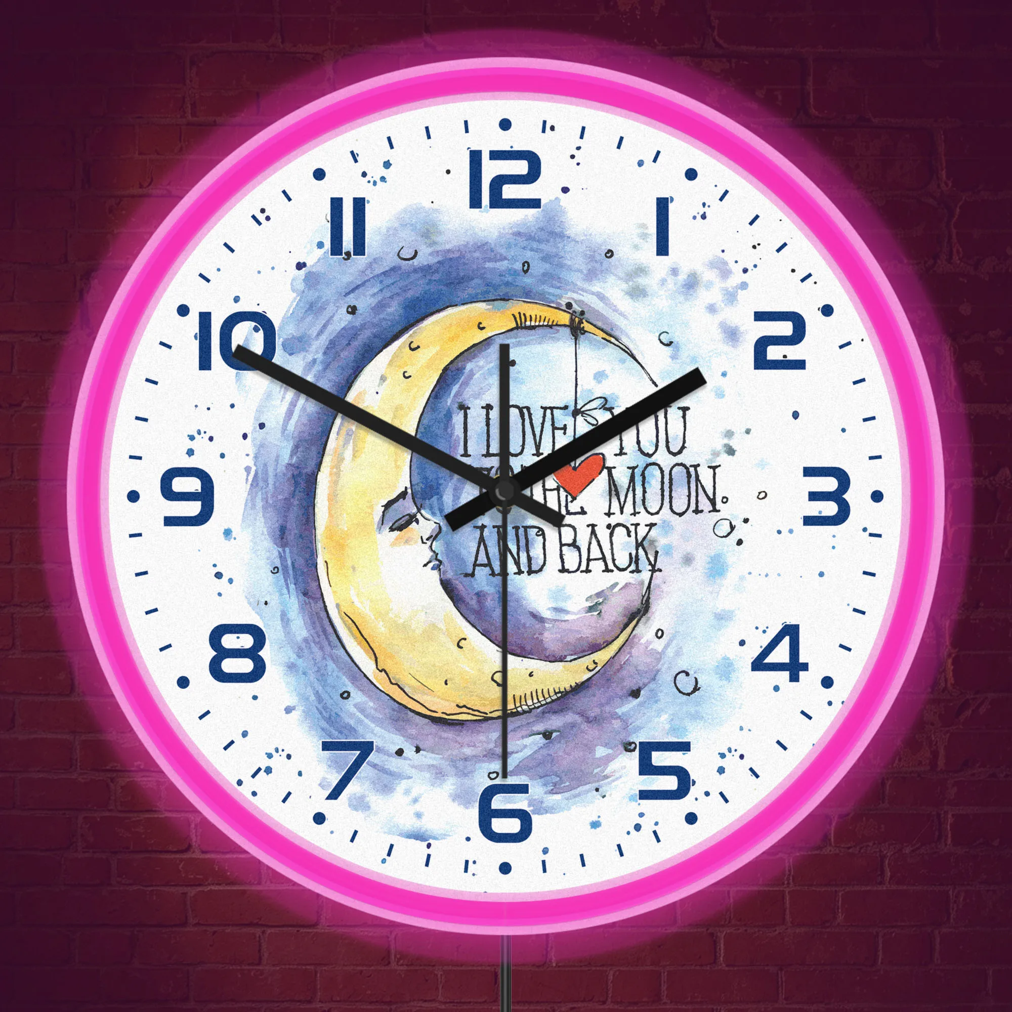Watercolor Crescent Moon Glowing Neon Border Wall Clock Love You To The Moon And Back Sweet Love Quote LED Light Up Wall Clock