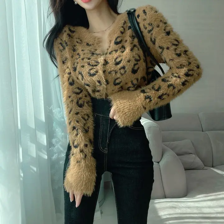 Women\'s Leopard Gothic Pullover Knitted Sweater Harajuku Korean 90s Y2k Long Sleeves Jumper Sweaters Vintage 2000s Clothes