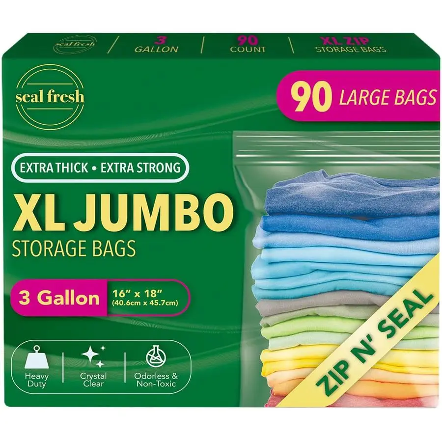 

Большие пластиковые пакеты для хранения объемом 1 галлон, 16 x 18 дюймов, 90 штук, многоразовые, XXL, особо крупные, сверхпрочные, прозрачные, для заморозки, с застежкой-зиппером