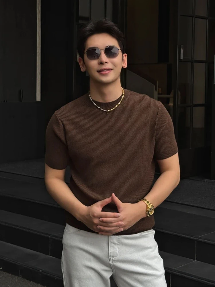 

Мужская летняя футболка Slim Fit с коротким рукавом, вязаная, в полоску, модная, повседневная, легкая, дышащая, с круглым вырезом