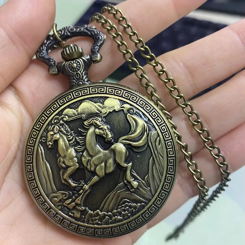 Часы с подвеской в виде лошади из античной бронзы, карманные, полностью охотничьи, кварцевые, с цепочкой и ожерельем