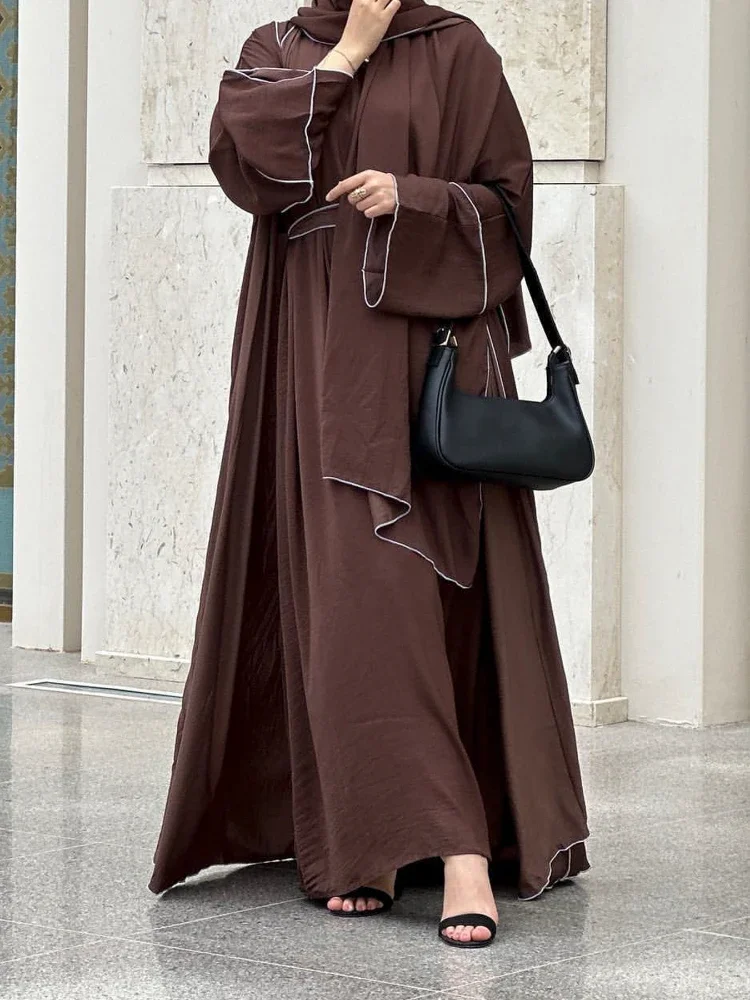 Eid Muslim Abaya for Women 3 Piece Set Abayas & Inner Dress & Headscarf Eid Prayer Dress Lace-up Ramadan Dubai Arab Long Robe