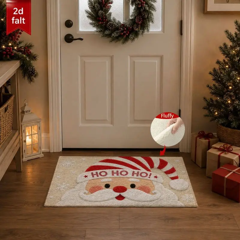 VIKAMA Plush Santa Claus Christmas Door Mat Non Slip Entryway Mat Front Door Foyer Christmas Decorative Rug Washable Home Decor