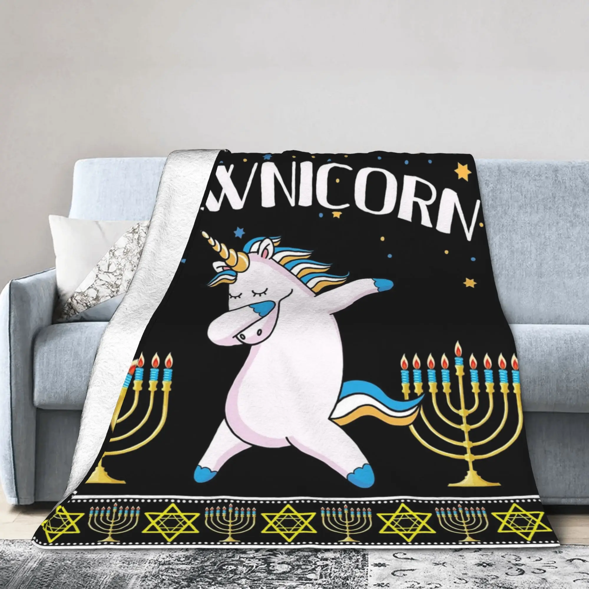 Jewnicorn Jewish Unicorn Hanukkah Christmas Knitted Blankets  Flannel Throw Blanket Bedding Couch Decoration Soft Warm Bedspread