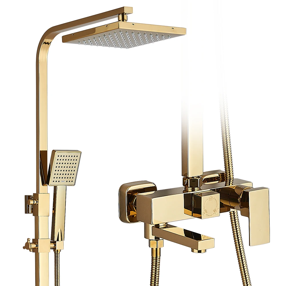 Goldenes Duscharmatur-Set mit Regendusche, 3-Wege-Badewannenhahn, höhenverstellbarer Messingmischer für Warm- und Kaltwassersysteme