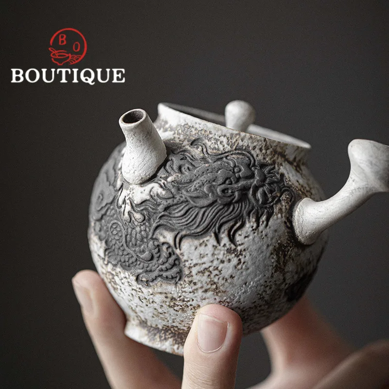 140ml Handmade Relief Ink Dragon Teapot Old Rock Mud Side Handle Pot Japanese Powder Yin Gilded Silver Kettle Scholar's Teaset