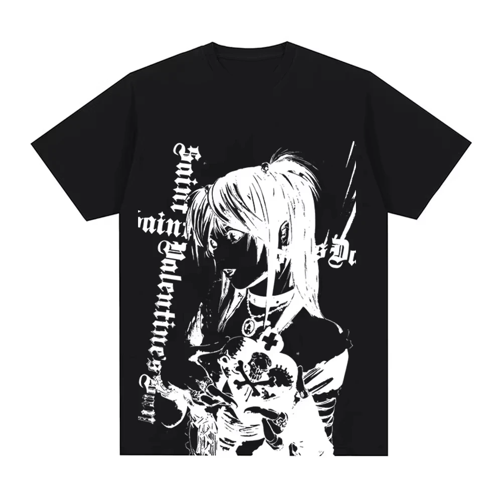Y2K Goth Graphic T Shirt Vintage Anime Girl Skull Cross Print Short Sleeve Tee Emo Harajuku Streetwear Casual Unisex Black Tops