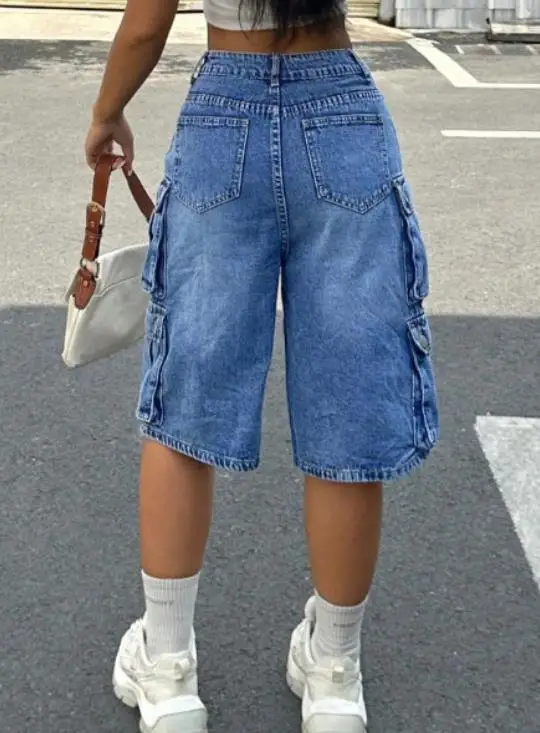 여성용 멀티 포켓 작업복 스트레이트 레그 진, 하이 웨이스트, 루즈하고 다용도, 다섯 포인트 숏 및 와이드 레그 팬츠